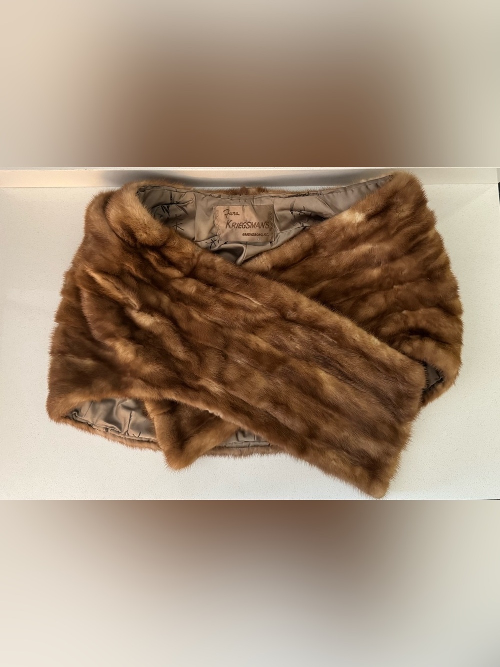 Vintage Genuine Mink Fur Stole Wrap Kriegsman’s Greensboro NC Brown Satin Lined